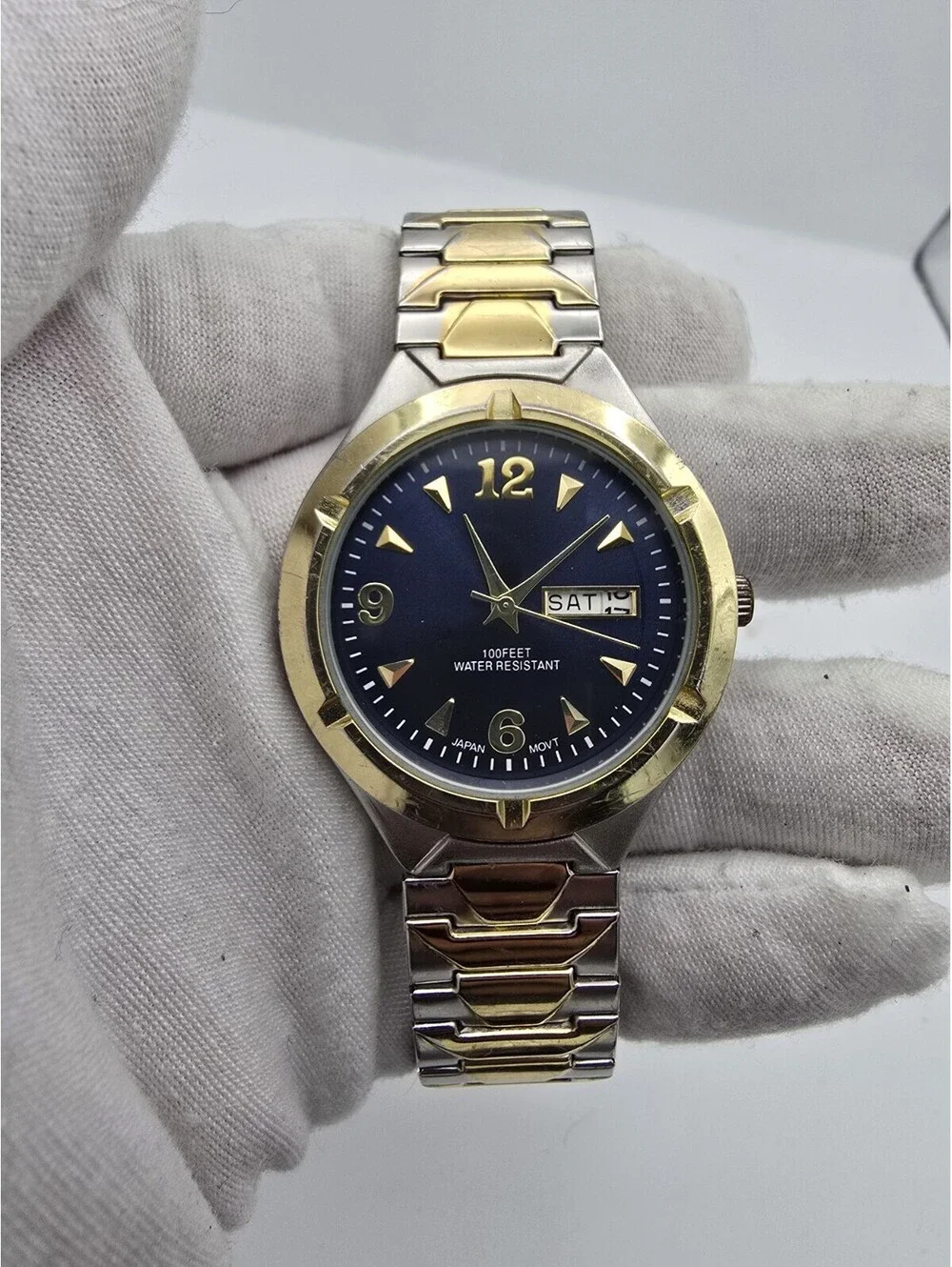 Two Toned Men's Analog Watch Stretch Band Water Resistant 100 FT Date Indicator